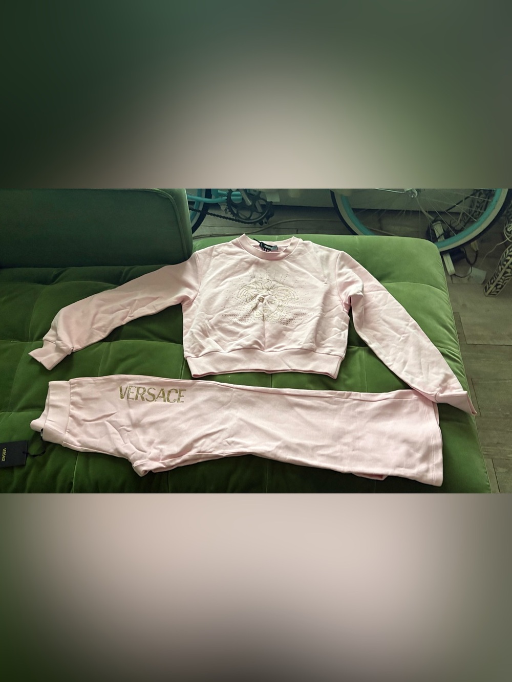 Versace sweatsuit pink with gold rhinestone